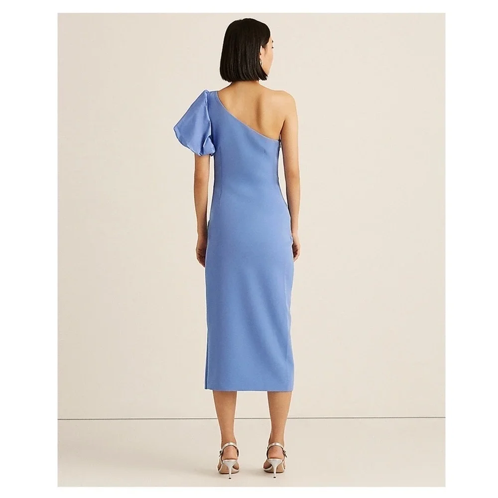 NWT‎ Lauren Ralph Lauren One Shoulder Dress Women 18 Loch Blue Crepe Cocktail